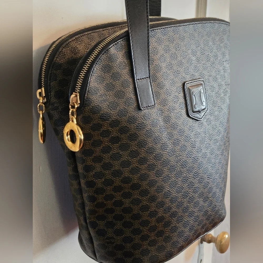 Celine | Double Zip Shoulder Tote Bag | Macadam Canvas & Black Leather | Vintage